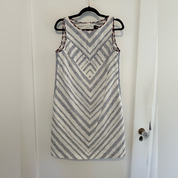 Paule Ka white shift midi dress w/ navy lines + colored trim - 42 (FR)/ US 8/10 - Picture 1 of 9